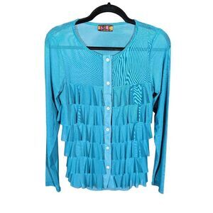 NWOT Made in Turkey Isle See-through Cardigan with Ruffles Blue Women's XS